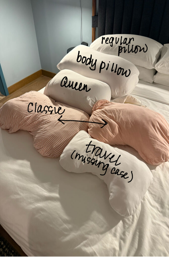 All of the sizes of Sleep Crown - regular (standard,) body pillow, Queen pillow, Classic pillow, Travel pillow
