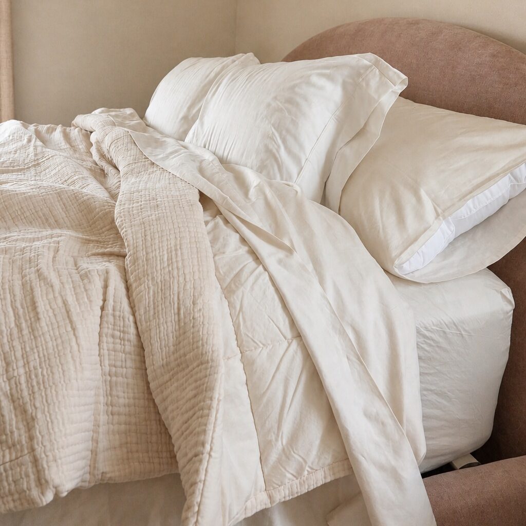 A Helix Mattress on bed with cream colored bedding. A Helix mattress is definitely worth it.