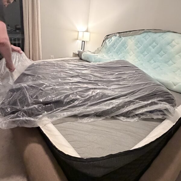 A peek inside the fiberglass-free Helix mattress. This is us installing the extra comfort layer that zips into the Helix Midnight Elite.